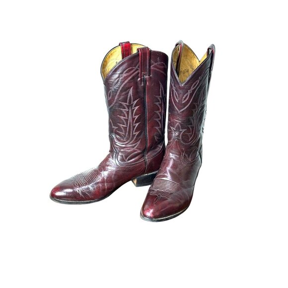Vintage Tony Lama cowboy boots in dark cherry leather with flame stitching Made - Picture 1 of 9